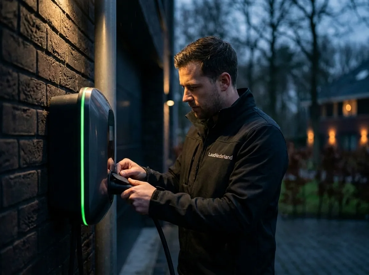 Laadpaal installatie door gecertificeerde monteurs Gecertificeerde monteur van LaadNederland installeert een wandlaadpaal aan een woning